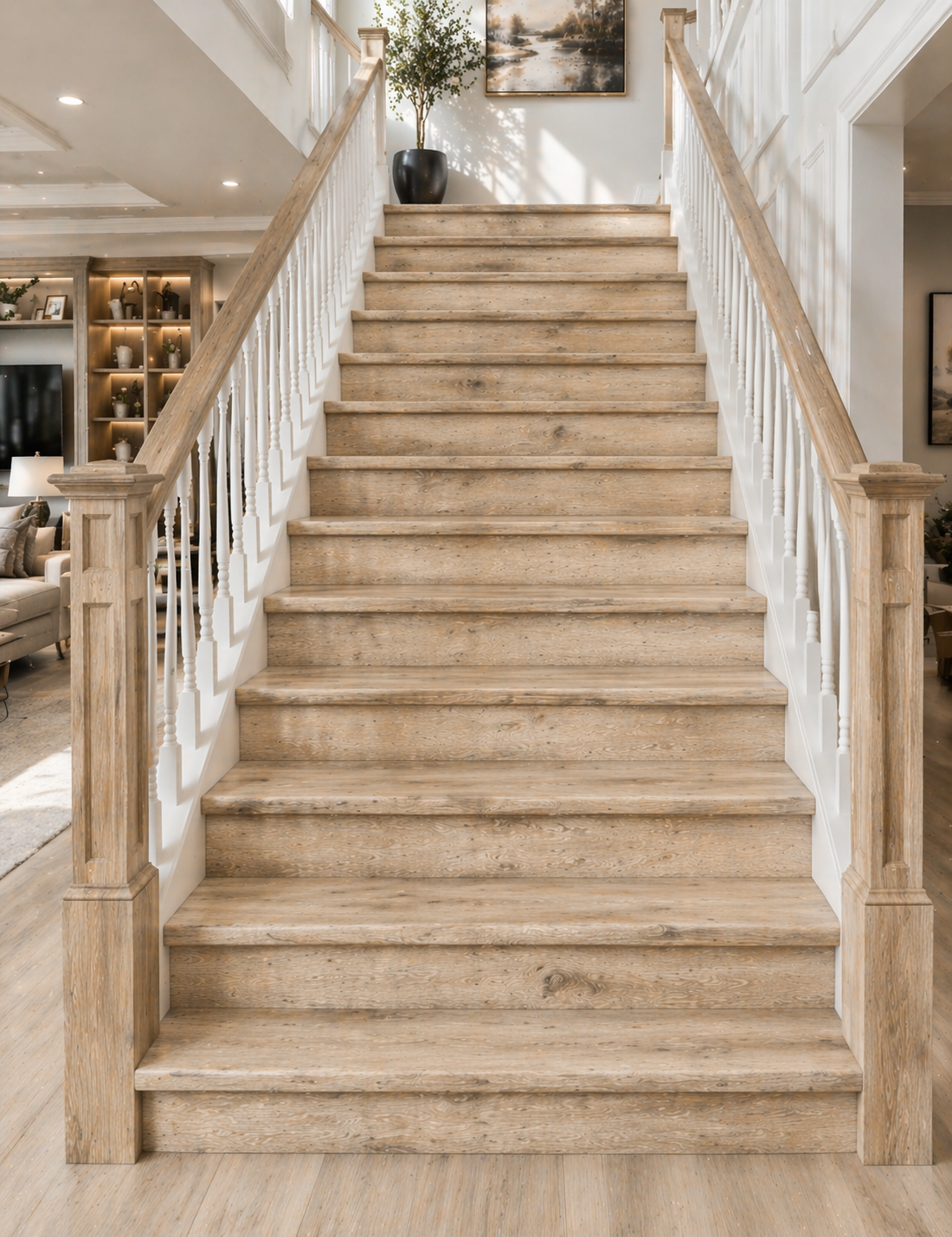 Light oak luxury vinyl stair treads on a bright staircase