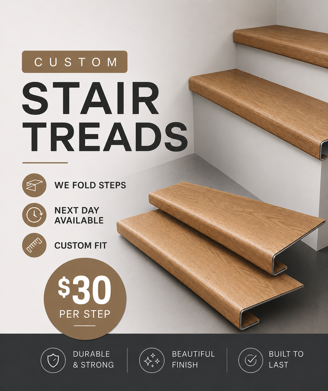 Custom stair tread folding service graphic showing wood-look stair treads, next-day availability, and $30 per step pricing in Metro Detroit
