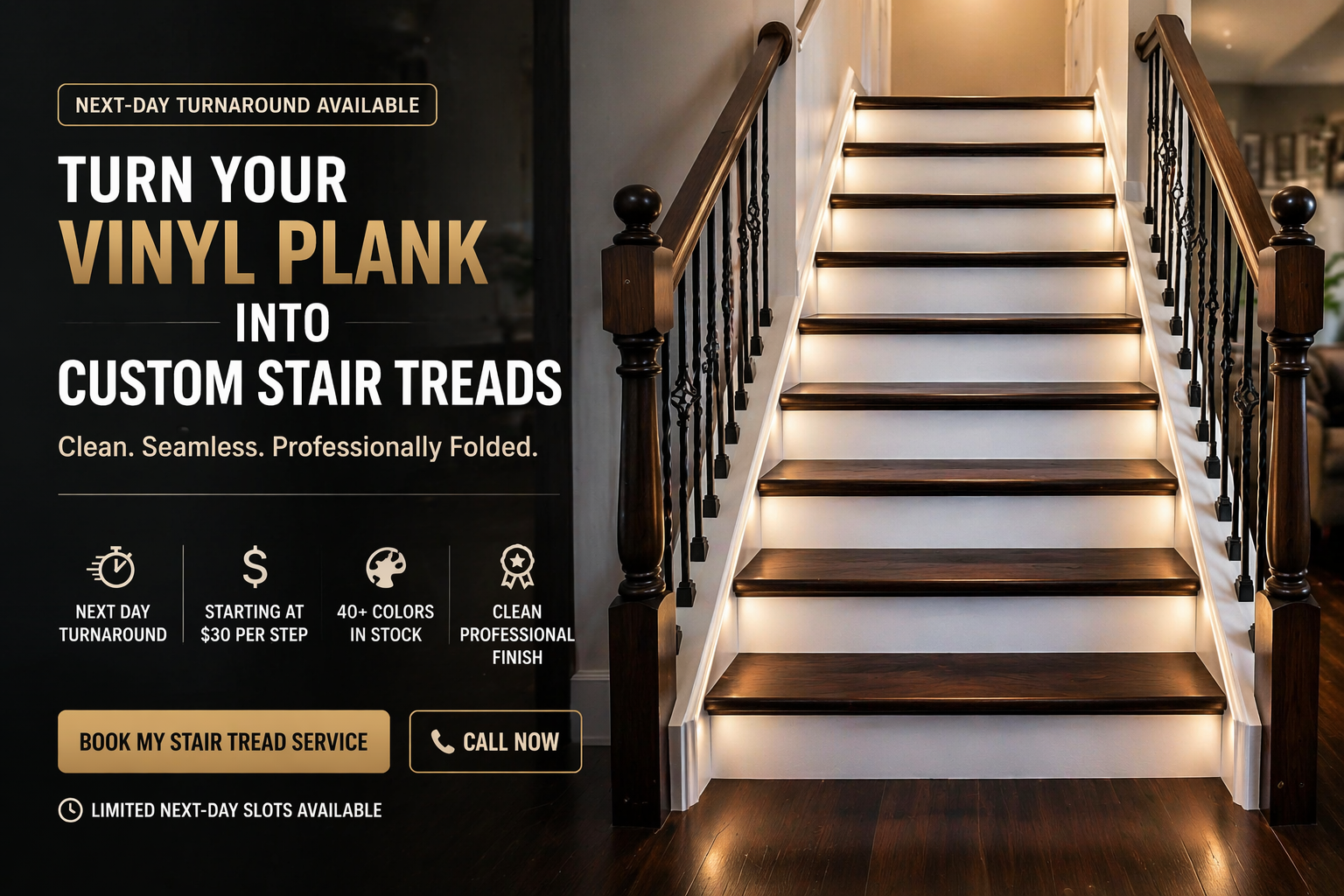 Dark oak vinyl stair treads with white risers and clean finished nosing on a modern staircase in Michigan